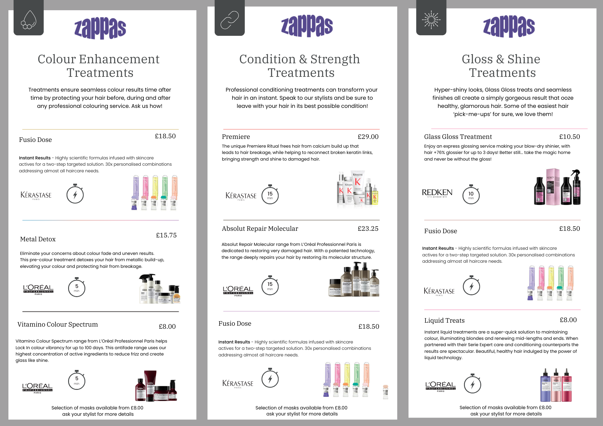 Zappas Treatment Menu