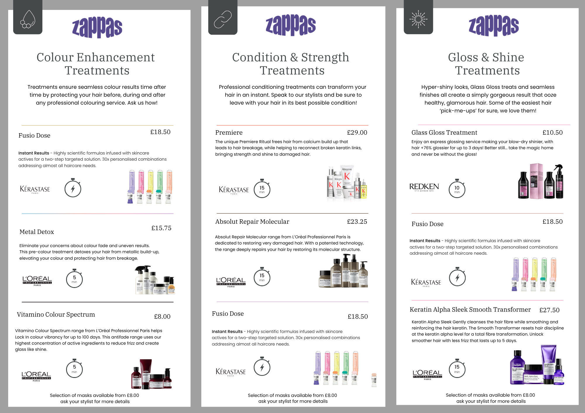 Zappas Treatment Menu